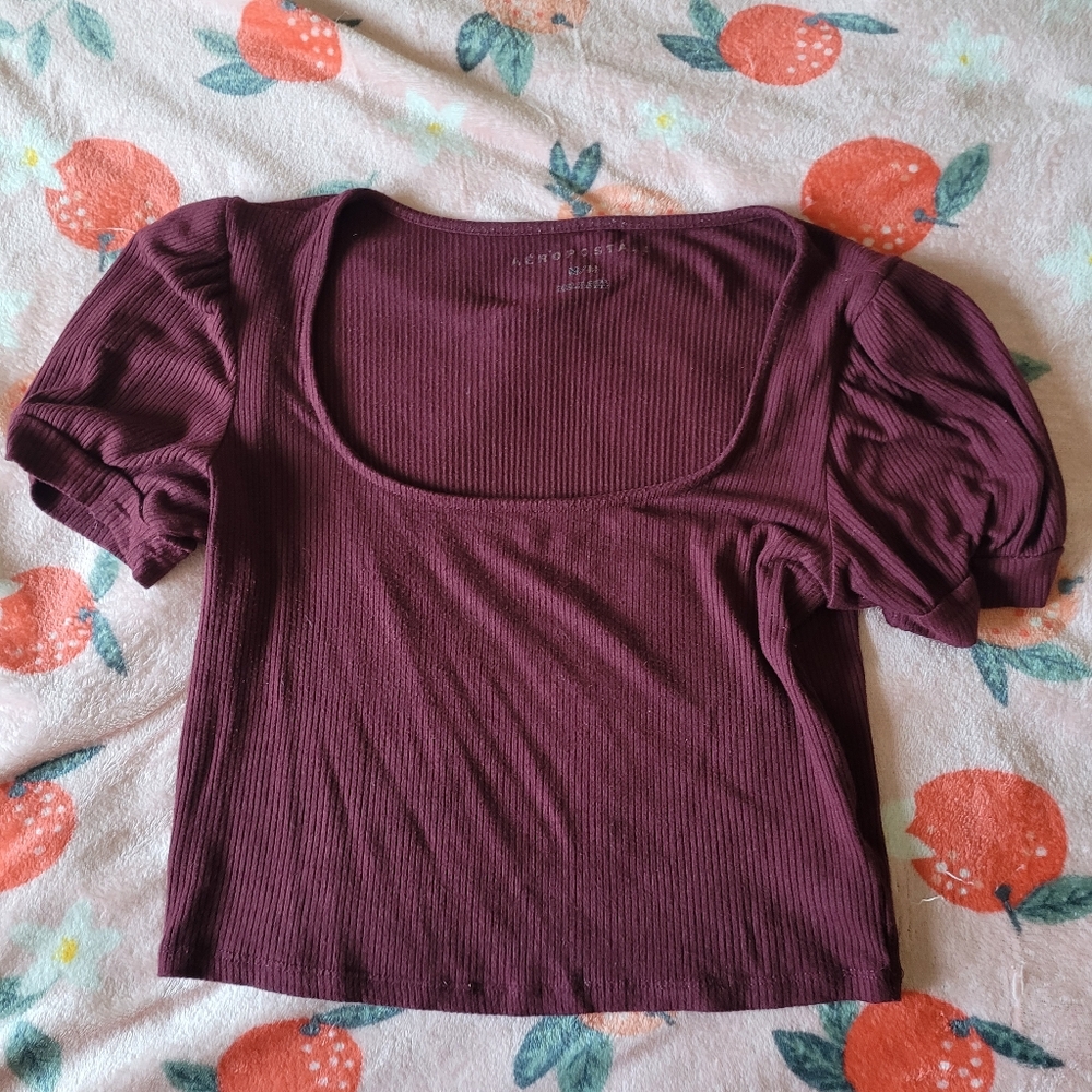 AEROPOSTALE cropped puff sleeve square neck burgundy top size M